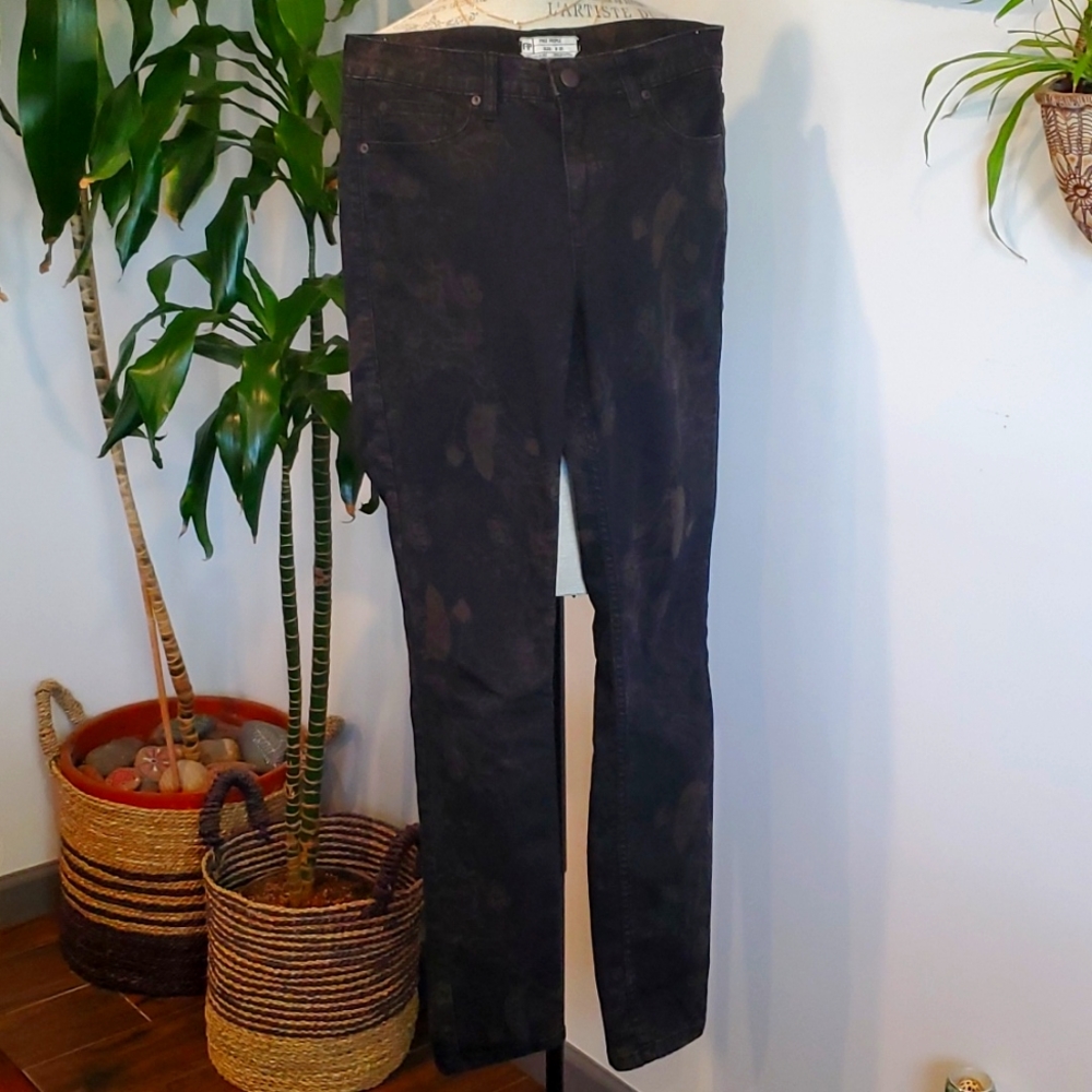 Free People black feather & floral print jeans
